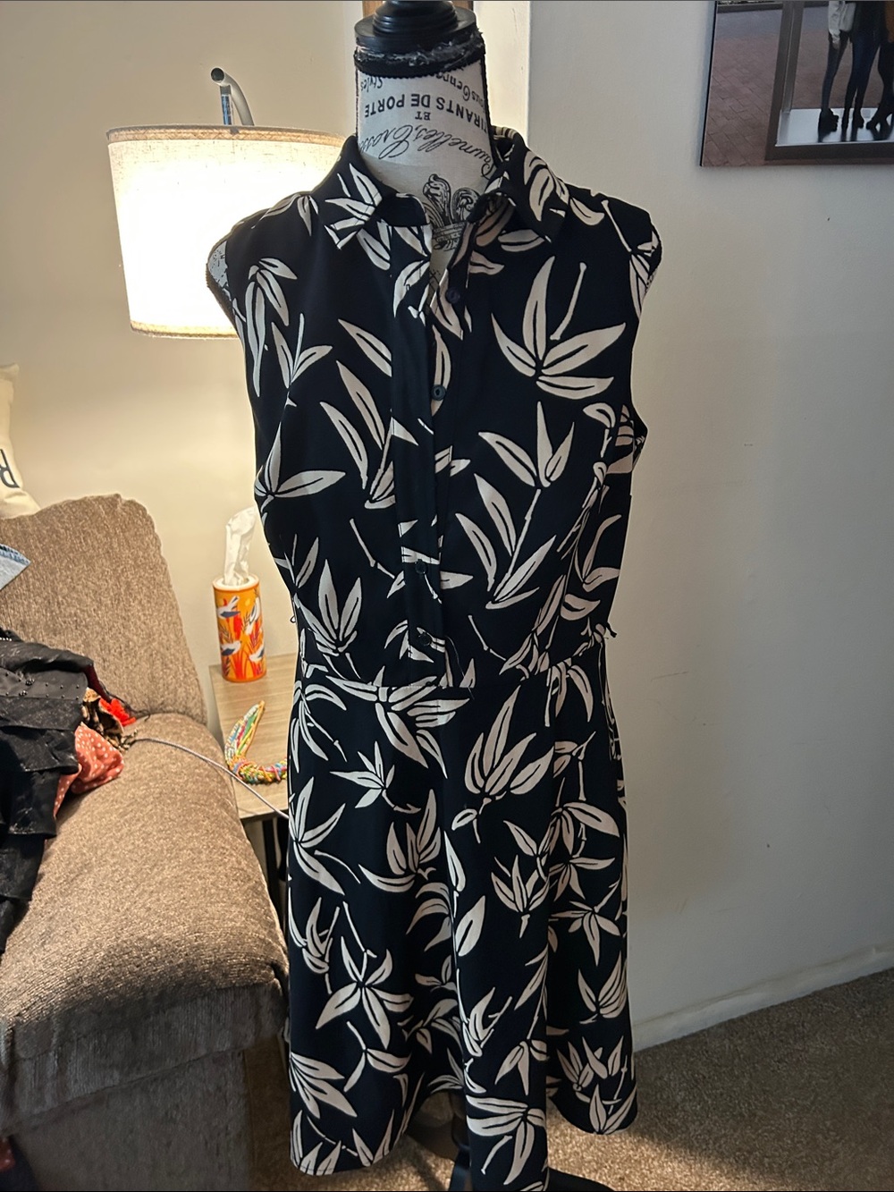 Sleeveless Black & Cream Leaf Print Midi Dress
